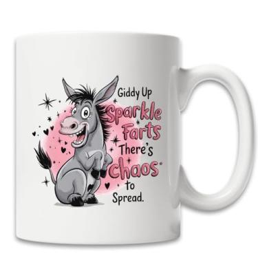 Imagem de MissDaisy - Caneca engraçada de burro 325 ml – "Giddy Up Sparkle Farts, There's Chaos to Spread" Caneca de café com humor animal fofo, presente sarcástico para mulheres e homens, copo de humor de