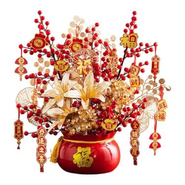 Imagem de predolo Decoração para o Ano Chinês, Arranjo Floral Artificial com Flores Bonsai, Plantas Artificiais em Vasos para Hotéis, Família e Amigos, Vermelho
