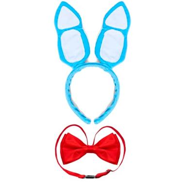 Imagem de MORTICIA Conjunto de 2 peças de acessórios de fantasia de coelhinho da Páscoa com tiara de orelhas de coelho e gravata borboleta vermelha para Halloween, cosplay, festa (azul)