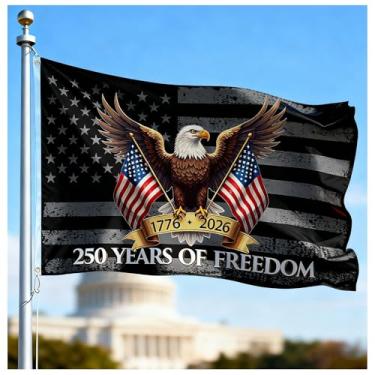 Imagem de Bandeira de aniversário de 250 anos 9,5 x 1,5 m, bandeiras dupla face de 250 anos com cabeçalho de lona durável e ilhós de latão decoração para parede de varanda de porta externa (cinza preto)