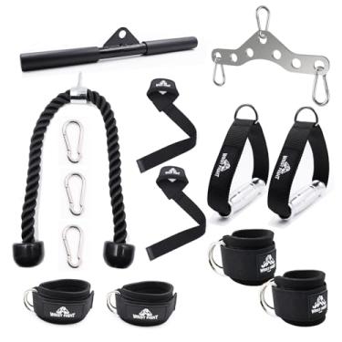 Imagem de Kit de acessórios suspensores LAT para máquina de cabos, alças de ginástica de alumínio, barra reta, corda de tríceps, tiras de pulso e tornozelo com placa conectora, para academia doméstica e