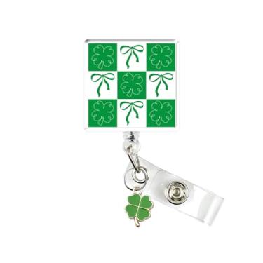 Imagem de Carretel de crachá do Dia de São Patrício, suporte retrátil para crachá trevo verde com clipe jacaré, suporte de etiqueta de identificação de trevo e laços, presente para enfermeira, médico, estudante