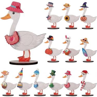Imagem de Amyhill 26 peças de decoração de ganso de mesa intercambiáveis para festas de fim de ano, mini roupas de ganso de madeira sazonais DIY com placas magnéticas de mesa para todas as estações para