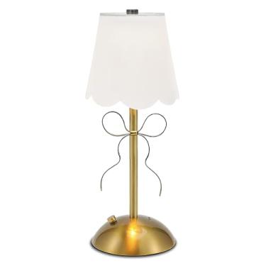 Imagem de Candeeiro de mesa sem fio com laço, luminária de mesa pequena recarregável com abajur de tecido, luminária de arco de 3 cores, lâmpadas de toque para mesa de cabeceira, luz noturna de LED para quartos