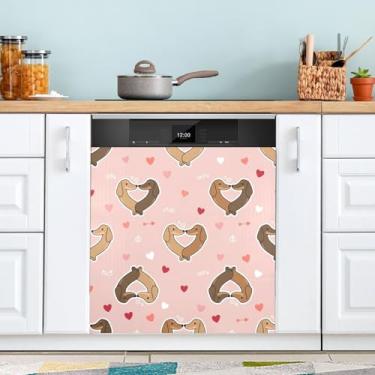 Imagem de ATTX Capa de ímã de lava-louças Dachshunds de desenho animado do Dia dos Namorados | Adesivo decorativo de eletrodomésticos de 58 x 66 cm para armários domésticos e eletrodomésticos #284