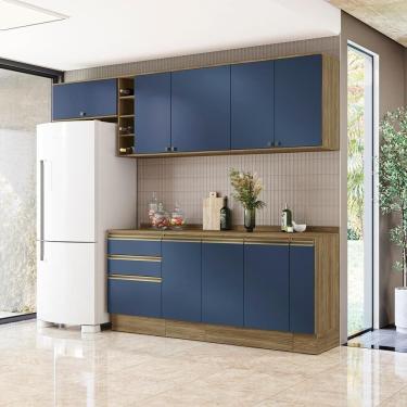 Imagem de Armário De Cozinha Completa Garrafeiro 100% Mdf 280cm Nogueira/azul Profundo Celeste Kappesberg