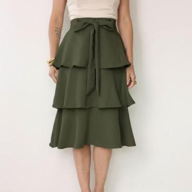 Imagem de Saia Feminina Três Maria Babado Midi Com Cinto Evangélica Cor:Verde-mi