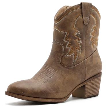 Imagem de GLOBALWIN Botas femininas caubói marrom no tornozelo com costura bordada salto baixo botas ocidentais confortáveis para roupas country, Camelo 25yy04, 35