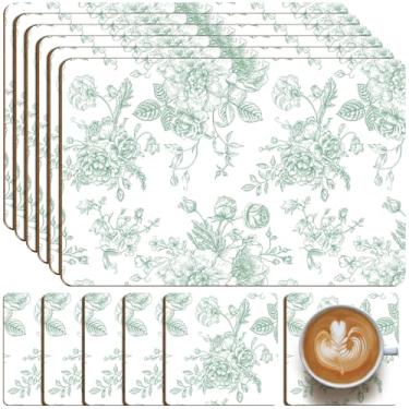 Imagem de LemonRoad 6 conjuntos de jogos americanos de cortiça floral verde 40,6 x 30,5 cm com revestimento de cortiça térmica e 6 porta-copos retrô para mesa de jantar de cozinha rústica suprimentos