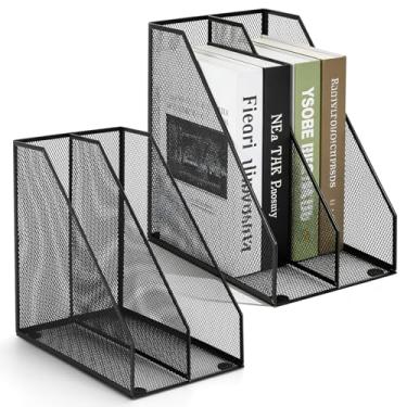 Imagem de Carperipher Suporte de arquivo de revista de malha de metal, 2 organizadores de documentos de mesa, 2 compartimentos para organizadores, organizador e armazenamento de mesa de malha, preto