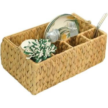 Imagem de Organizador de talheres de tecido natural de jacinto de água, organizador de talheres de cozinha com alça, 35 x 21 x 13 cm, cesta de armazenamento com 3 compartimentos