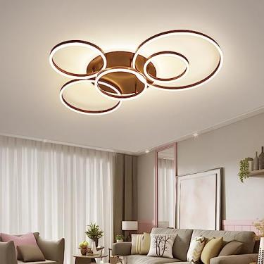 Imagem de Luminária de teto LED com design em anel, dimerizável com controle remoto, temperatura de cor de 3000K a 6000K, luminária moderna para sala de estar, quarto e corredor (marrom, 6 anéis)