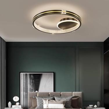 Imagem de Luminária de teto LED preta e dourada para quarto e sala de estar, com intensidade regulável, controle remoto, temperatura de cor de 3000 a 6000K, design moderno e minimalista, formato circu