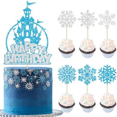 Imagem de Gyufise 25Pcs Ice Castle Cake Toppers Frozen Snowflake Cupcake Picks Winter Wonderland Happy Birthday Cake Decoration for Frozen Theme Baby Shower Christmas Birthday Party Supplies Blue