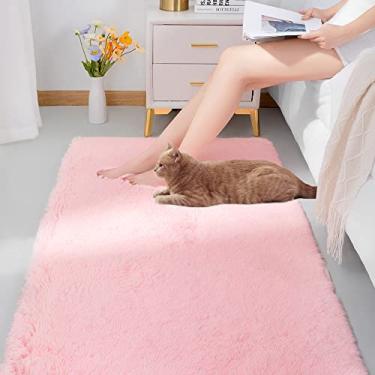 Imagem de REDASW Tapete supermacio de 0,9 x 1,5 m para quarto, tapete felpudo para quarto infantil, tapete de pelúcia moderno para sala de estar, tapete acolchoado retangular durável e antiderrapante, rosa