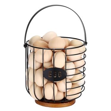 Imagem de Cesta de arame para coletar ovos frescos, cesta redonda para coletar ovos com alça de metal, decoração de cozinha rústica vintage, suporte de recipiente de armazenamento de frutas com base de madeira