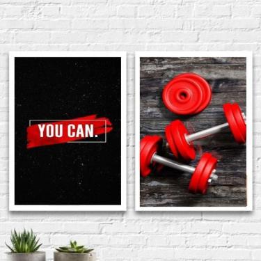Imagem de Kit 2 Quadros Halteres De Academia You Can 33X24Cm