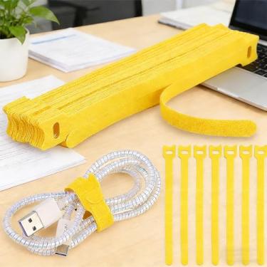 Imagem de Organizador de cabos ajustável de gerenciamento de cabos reutilizáveis, envoltórios de cabo e tiras de gancho para computador, jogos, fio, mesa - essenciais para escritório doméstico (amarelo, 20 x