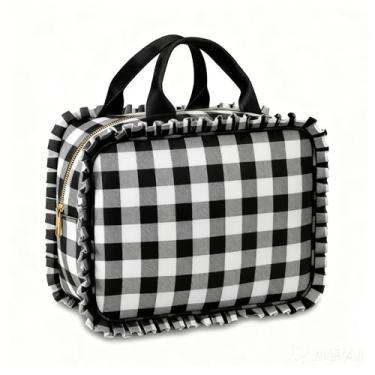 Imagem de Easozoom Lancheira xadrez com babados, lancheira grande guingão para mulheres (preto e branco)