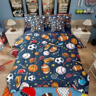 Imagem de Erosebridal Jogo de cama king size de basquete com lençol | Jogo de cama de beisebol e rúgbi com 7 peças, bola para adolescentes, esportes, futebol, vôlei, jogo de cama
