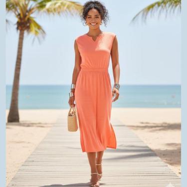 Imagem de Vestido Midi em Viscose com Gola V e Sem Manga Cereja Rosa-Feminino