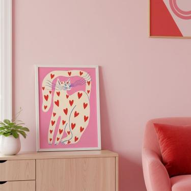 Imagem de Quadro Gato Rosa e Vermelho - Corações 24x18cm Mold Branca