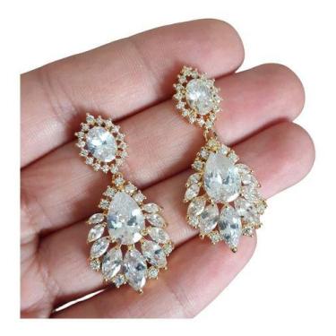 Imagem de Brinco Noiva Dourado Pedra Zirconia Festa Luxo Folheado Ouro - De Cast