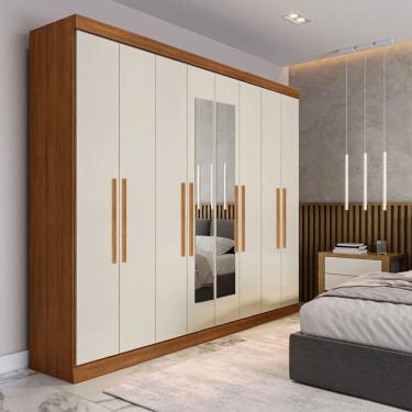 Imagem de Guarda-Roupa Casal Monte 8 Portas 4 Gavetas 100% Mdf com Espelho Cinamomo/Off White - P...