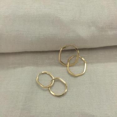 Imagem de Kit Dupla Brincos Argolas Sextavados Alongados Pequenos Ouro 18K - Joa