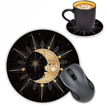 Imagem de Mouse pad redondo LOWORO com porta-copos, tema celestial de sol com lua crescente de arte noturna Mouse pad antiderrapante de borracha Mousepad escritório acessórios decoração de mesa mouse pads para computadores laptop