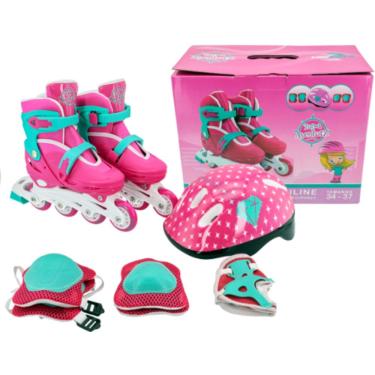 Imagem de Patins Inline Rosa+kit Proteção Aventura 34/37 - Unitoys