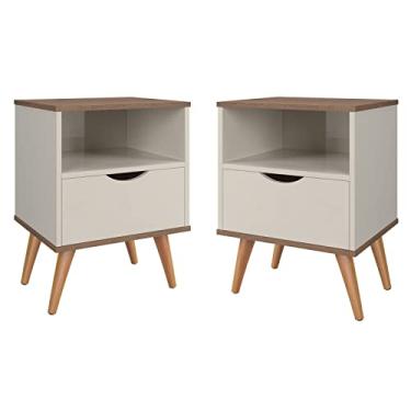 Imagem de Conjunto 2 Mesa De Cabeceira Estilo Retrô Pés Em Madeira Maciça Grécia (Off White/Canela)