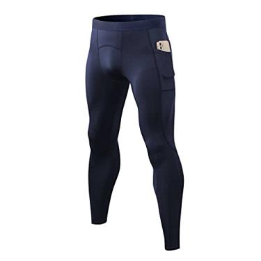 Imagem de Staright Calça de compressão masculina com cintura elástica bolsos laterais meia-calça elástica elástica para corrida, levantamento de peso