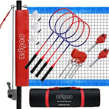 Imagem de Zdgao Conjuntos de badminton para quintais com rede | Rede portátil de badminton com sistema de guincho, conjunto de 4 raquetes de badminton de alumínio, 3 petecas de nylon, linha de limite e bolsa de transporte durável (vermelho e azul)