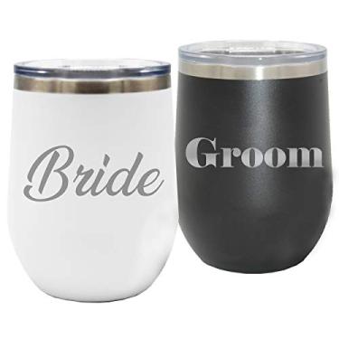 Imagem de Copo térmico para vinho Bride and Groom – Conjunto com 2 – Lembrança de casamento, jantar de ensaio, casais, presentes de recepção