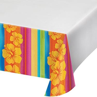 Imagem de Creative Converting Toalha de mesa de plástico com impressão de borda, 137 x 259 cm, listras do pôr do sol
