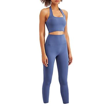 Imagem de Yajun Roupas esportivas femininas de ioga roupas de treino legging levanta bumbum sem costura sutiã fitness academia manga longa 3 peças agasalho, azul, P (peito: 66 cm)