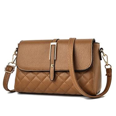 Imagem de Bolsa transversal feminina moderna com aba e alça ajustável em couro acolchoado, Caqui