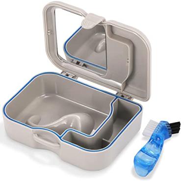 Imagem de Esto se traduce al portugués como: Caixa de Banho para Prótese Dentária com Espelho e Escova de Limpeza, Estojo Dental com Retentor de Escova, Estojo de Limpeza para Protetor Bucal e Suporte para Copo de Mergulho para Viagens, Escritório e Uso Doméstico.