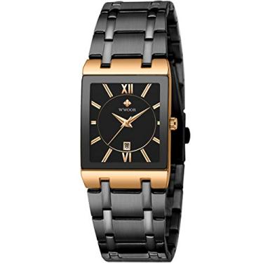 Imagem de WWOOR Relógios quadrados para homens e mulheres de aço inoxidável Mens Square Watch com data impermeável Analógico Quartz Fashion Business Casual Relógio de pulso (36G-Rose Black)