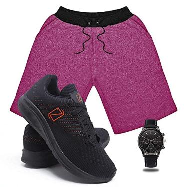 Imagem de Conjunto Bermuda Moletom Masculina + Tenis Masculino Academia Ultra Conforto + Relógio Ponteiro - Rosa-PretoLaranja/P-41