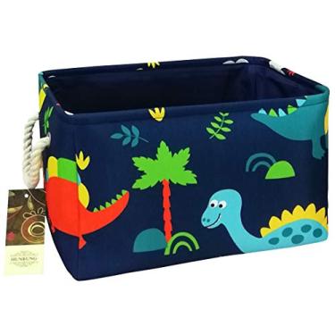 Imagem de HUNRUNG Cesta retangular organizadora de lona fofa para animais de estimação/brinquedos infantis, livros, roupas perfeitas para quartos/sala de jogos (REC-azul espesso floresta dinossauro GG)