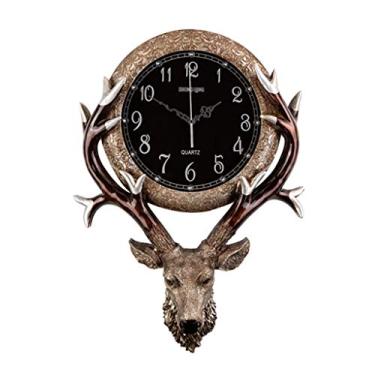 Imagem de TRFAN Relógio de parede Relógio europeu retro cabeça de cervo relógio de parede nórdico americano decoração de sala de estar grande relógio de parede silencioso relógio de parede casa 20 polegadas relógio de parede digital (cor: cinza) decoração