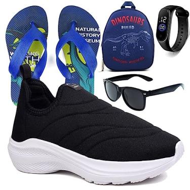 Imagem de Tenis Infantil Meninos Calce Facil Leve Tipo Meia + Mochila Chinelo Oculos Relogio Cor:Branco;Tamanho:29