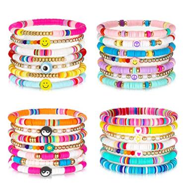 Imagem de Yaomiao Conjunto de 4 pulseiras Heishi de surfista, conjunto de 28 peças, coloridas, preppy Smile Evil Eye com contas, de argila, empilhável, boho, disco, presentes de festa, Y2k,
