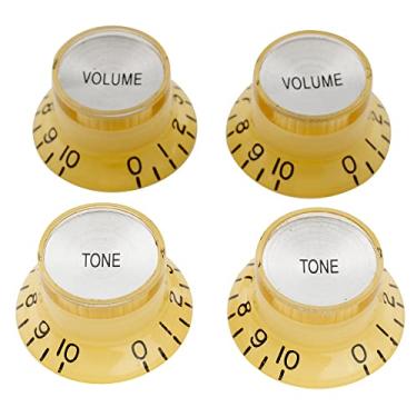 Imagem de Musiclily Pro Tamanho Métrico 18 Splines Reflector Knobs Guitarra Top Hat 2 Volume 2 Tone para Epiphone Estilo Les Paul SG, Creme com Topo Prata(4 Peças)