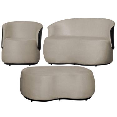 Imagem de Kit 1 Poltrona 1 Namoradeira e 1 Puff Grande Decorativo Estilo Orgânico Beatriz Suede Composê Corino Preto - Estopar