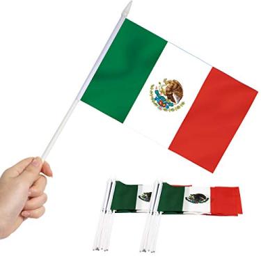 Imagem de Bandeira da vara do México, ANLEY Mini bandeira mexicana de handheld de 5x8 polegadas com pólo sólido branco de 12 "- cor vívida e resistente ao desbotamento - bandeiras de vara