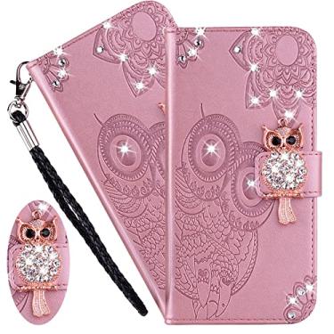 Imagem de CCSmall Capa para Xiaomi Poco F4 5G com bolso para cartões de crédito, capa flip carteira de couro PU diamante brilhante brilhante para Xiaomi Poco F4 5G coruja ouro rosa