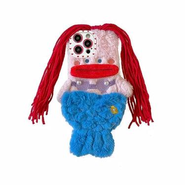 Imagem de Tewwsdi Capa de telefone fofa de desenho animado compatível com iPhone 14 pro max, linda capa protetora de câmera peluda de pelúcia com tranças engraçadas para meninas faça você mesmo, capa quente de inverno para crianças adolescentes meninas mulheres (sereia boca de salsicha)